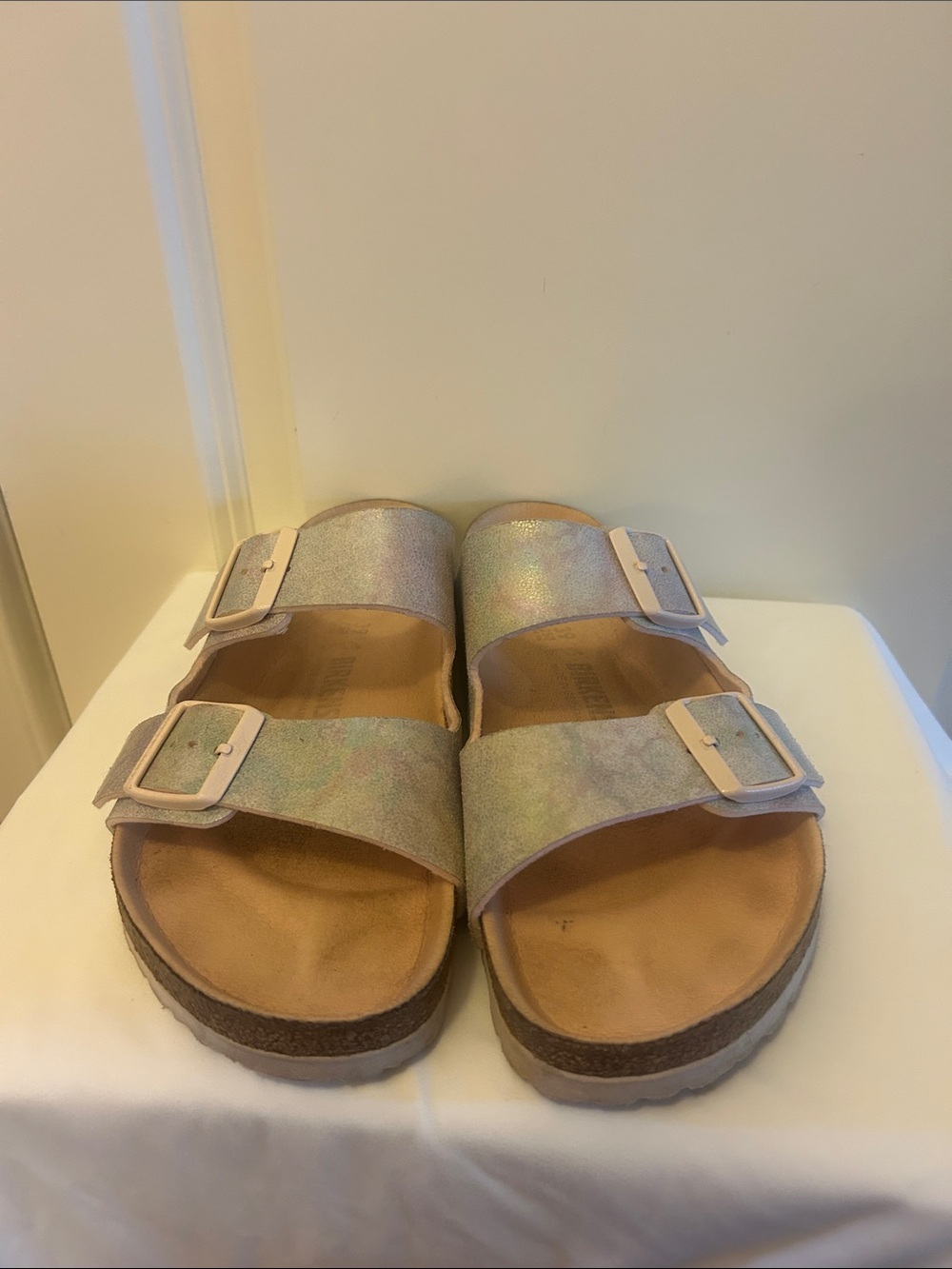 Birkenstock Iridescent Double-Buckle Slide Sandals in Pastel Pink